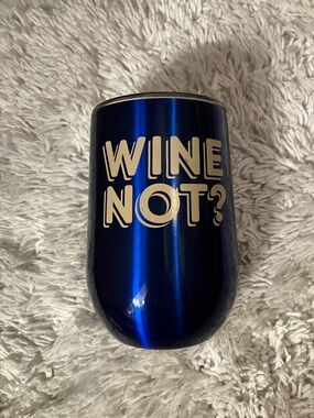 Room Essentials Blue Stemless Wine Tumbler with "WINE NOT?" Text